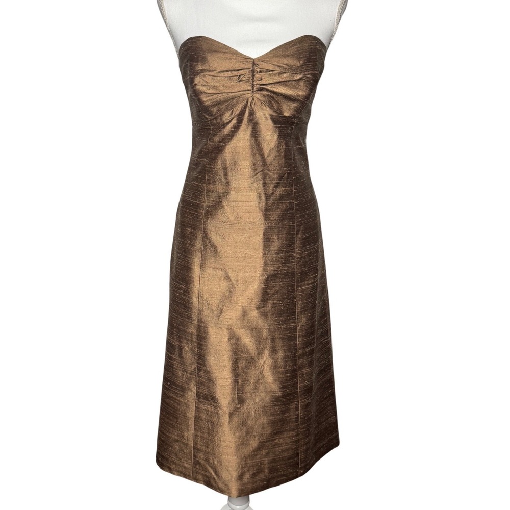 Jenny Yoo Collection Strapless Ruched Midi Dress 4 Bronze Excellent Metallic